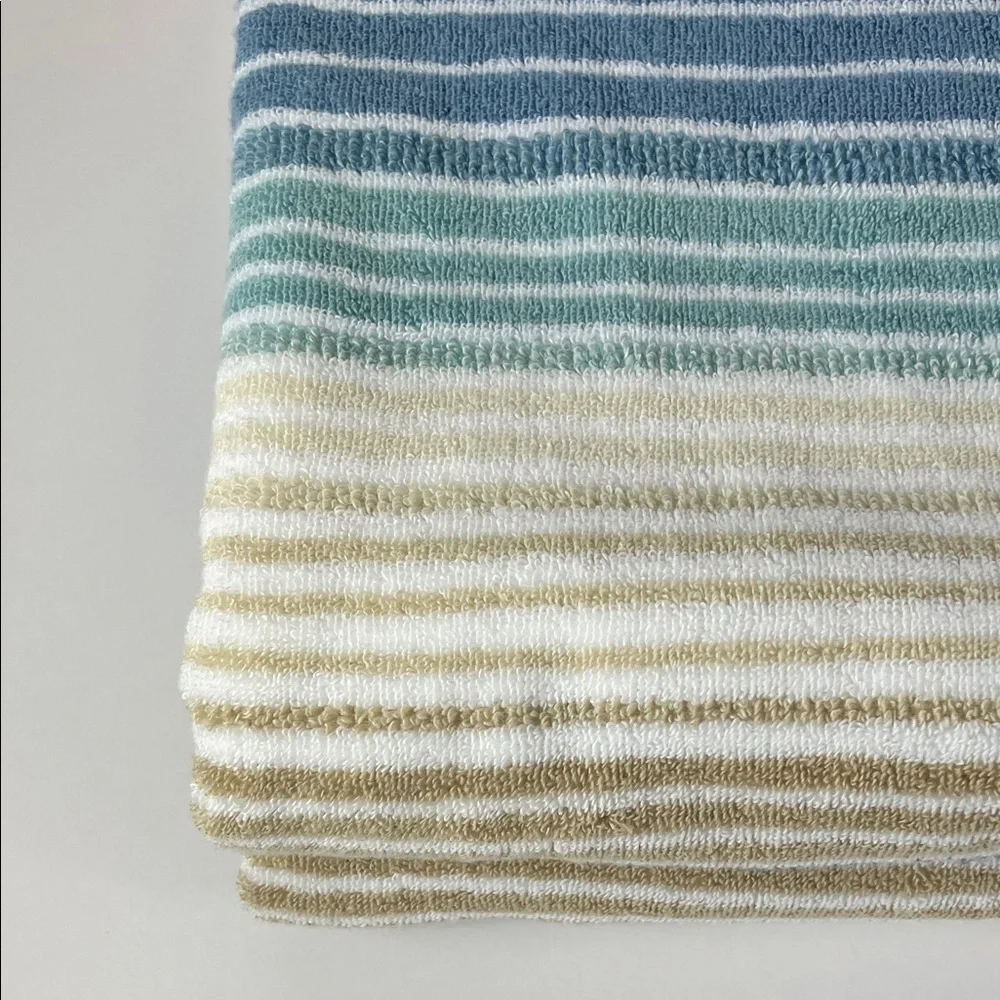 Casaba Bath Towels Tan Blue White Striped Quick Dry Zero Twist Cotton 2 Pc NEW